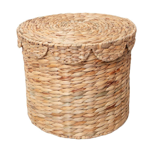 Large Water Hyacinth Storage Basket with Scalloped Lid - Handwoven Round Woven Laundry Hamper for Clothes, Toys, Blankets, and Organizing - Decorative Basket (Large)