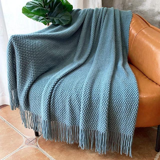 LOMAO Knitted Throw Blanket with Tassels Bubble Textured Lightweight Throws for Couch Cover Home Decor (Teal, 50x60)