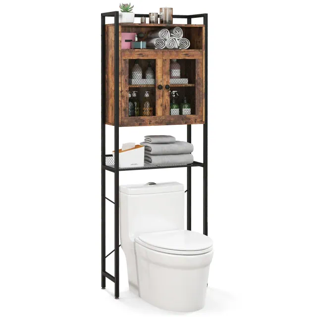 Over-the-toilet Storage Cabinet Bathroom Storage Organizer above Toilet with Heavy-duty Metal Frame & 3-position Adjustable Shelf 2-door Freestanding