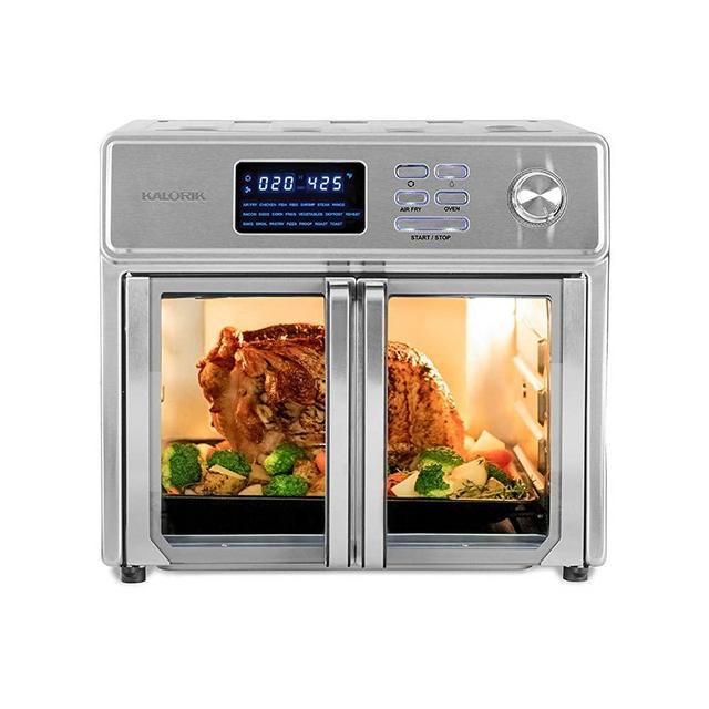 Kalorik 26 QT Digital Maxx Air Fryer Oven, Roaster, Broiler, Rotisserie, Dehydrator, Oven, Toaster, Pizza Oven and Slow Cooker. 9 Accessories with Cookbook. Sears up to 500⁰F. Extra Large Capacity, All in One Appliance. Stainless Steel.