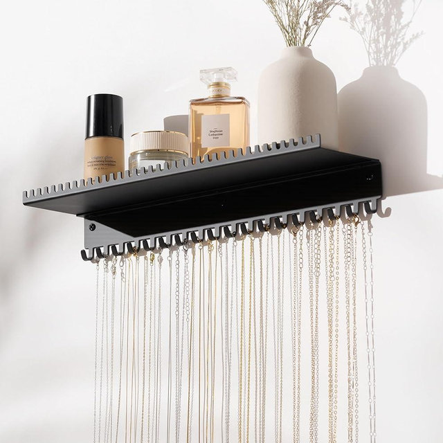 Josmimic Necklace Holder Wall Hanging Organizer: Wall Mounted Jewelry Shelf with 56 Hooks and Tray, Display Hanger for Kids, Girls and Women, Black & Metal