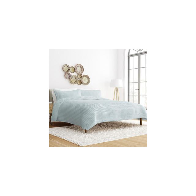 Quilted Coverlet and Shams Set Damask Square Herringbone Pattern - Becky Cameron, Herringbone / Pale Blue, King/California King