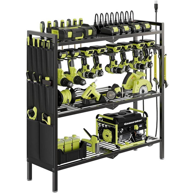 NattyDot Large Power Tool Organizer Cart with Charging Station 8 Drill Holder Garage Storage Standing Heavy Duty and Stability Storage Rack Utility Tool Shelf (Black)