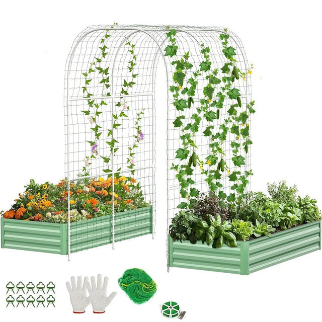 DoCred 3 in 1 Raised Garden Bed with 87in Tall Arch Trellis for Climbing Plants, Galvanized Planter Garden Box Outdoor for Gardening, Climbing Vegetables, Flower, Green
