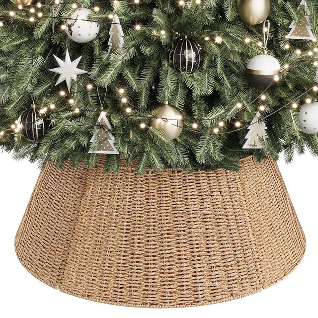 ELYKEN Christmas Tree Collar, 28 Inch Rustic Christmas Tree Basket for Artificial Trees, Paper Rope Woven Tree Skirt Tree Ring, Farmhouse Holiday Pencil Tree Collar for Home, Living Room