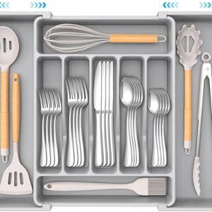 Extra Large Expandable Silverware Organizer, BPA-Free Food-Safe Cutlery Flatware Organizer, Kitchen Utensil Drawer Organizer, Adjustable Silverware Holder for Spoons Forks Knives, Gray