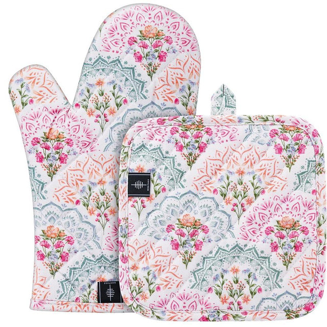 BONTHEE Oven Gloves Heat Resistant Potholder Set Oven Gloves with Anti-Slip Striped Cooking Gloves for Cooking Baking - 2PCS
