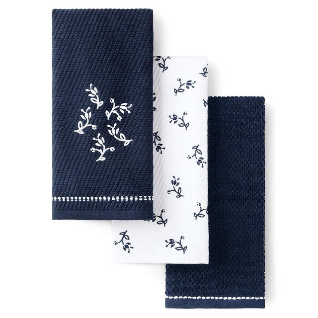 KitchenAid Vintage Florals Collector Series Embroidered Kitchen Towel 3-Pack Set, Absorbent 100% Cotton, Dual-Purpose, Ink Blue, 18"x28"