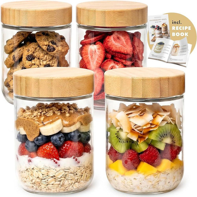 EDELHAUS Overnight Oats Containers with Lids Bamboo (4 x 16oz) Glass Jars for Oatmeal, Meal Prep, Food Storage | Leak-Proof Mason Jars for Oats, Cereal, Yogurt, Chia Pudding [Thicker Glass 3mm]