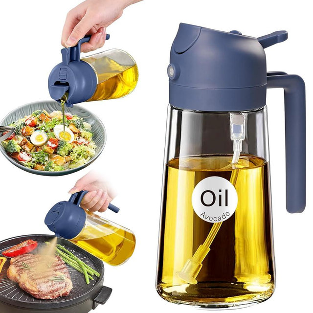 YRRAMATE 16oz/470ml Glass Olive Oil Sprayer for Cooking with Stickers, 2 in 1 Oil Dispenser for Kitchen Gadgets, Food Grade Premium Spray Bottle with Portion Control for Salad, BBQ (Navy)