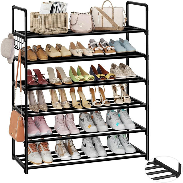 HOMICKER Metal Shoe Organizer,6 Tiers Shoe Storage Shoe Rack with Hooks,Fit 24-30 Pairs,Adjustable Shoe Shelf for Entryway,Hallway,Bedroom,Metal Bottom Support