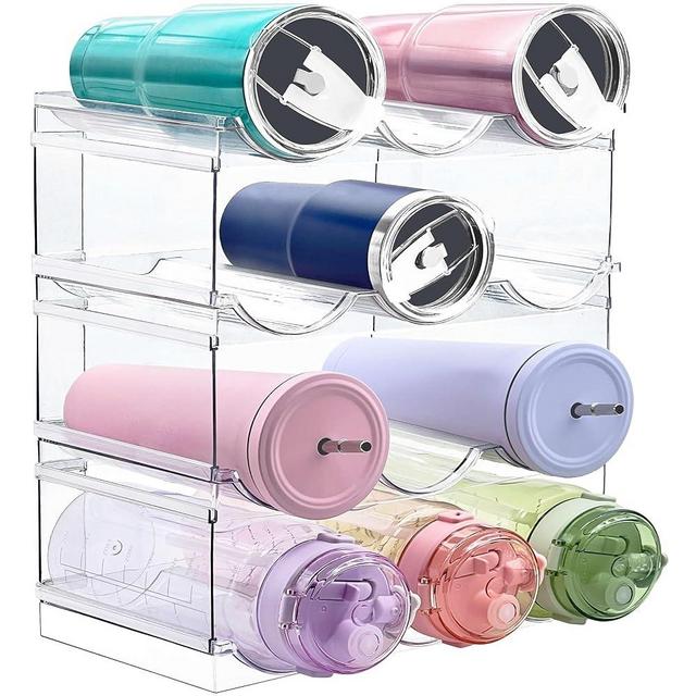 [ Large Compartment ] 4 Pack Water Bottle Organizer, Stackable Kitchen Organization and Storage Rack, Plastic Water Bottle Holder for Fridge Pantry Kitchen Cabinet Organizer, Tumbler Mug Cup Organizer