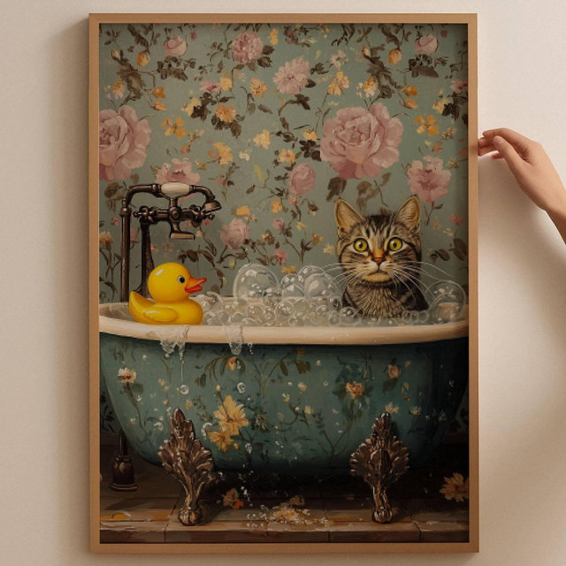 Gray Tabby Cat with Rubber Duck in Bathtub Poster, Feline Floral Bathroom Art, Tabby Cat Print, Kitty Bathroom Decor, UNFRAMED