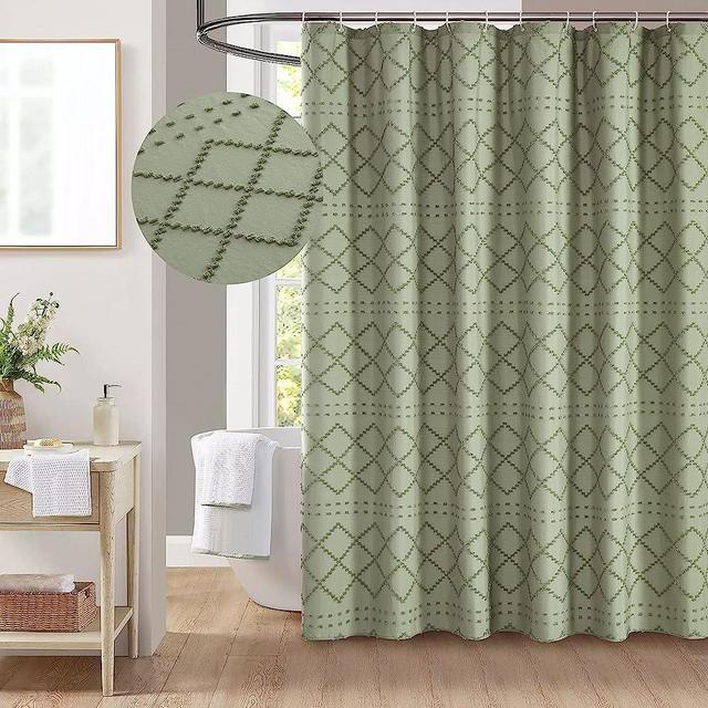 Siiluminisoy Sage Green Boho Shower Curtain Woven Fabric Cute Shower Curtain, 72 x 72 Tufted Chevron Textured Striped Modern Farmhouse Minimalist Shower Curtain Set with Hooks for Bathroom