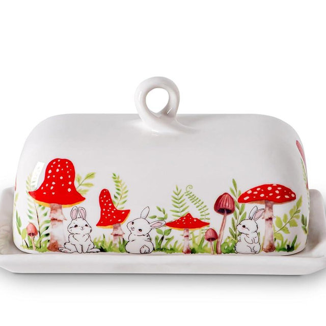 Mushroom Butter Dish With Lid For Countertop Ceramic Butterdish Mushroom Kitchen Decoration Cute Butter Holder Covered Red Mushroom Rabbit Painting Butter Container Large Mantequillera Butter Tray