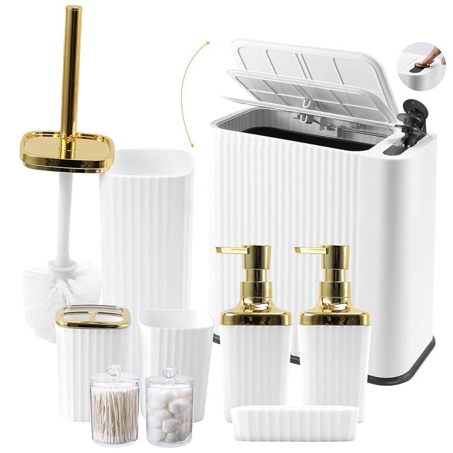 XLHOMO 9-Piece White Bathroom Set with Press-Top Slim Trash Can - Minimalist Vertical Stripe Bathroom Accessories Sets with Toilet Brush, Soap Dispenser, Toothbrush Set, Soap Dish & Apothecary Jars