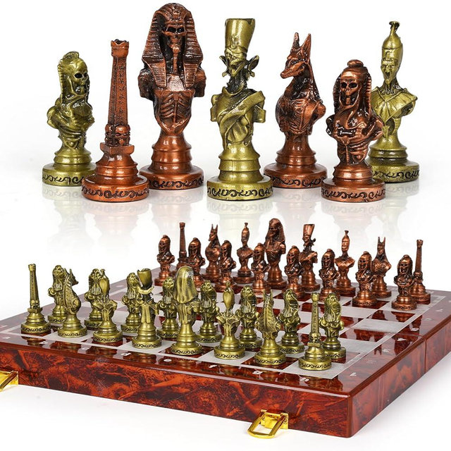 Large Egyptian Metal Chess Set for Adults – 15 Inch Foldable Wooden Chess Board with Weighted Antique Chess Pieces – Vintage Luxury Game Gift for Collectors，Classic Board Game