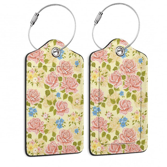 Pink Rose Luggage Tag,Flowers Retro Luggage Tags of Set 2 Leather Identifiers Privacy Cover with Stainless Steel Loop for Women Men Travel Bag Suitcase