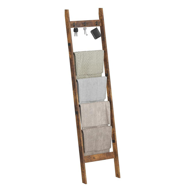 MOGELAFOO 6ft Blanket Ladder for Living Room, 6-Tier Decorative Quilt Rack with 3 Removable Hooks, Farmhouse Throw Blanket Holder Shelf for Bedroom, Rustic Brown and Black