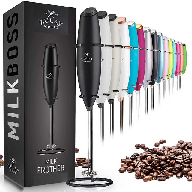 Zulay Original Milk Frother Handheld Foam Maker for Lattes - Whisk Drink Mixer for Coffee, Mini Foamer for Cappuccino, Frappe, Matcha, Hot Chocolate by Milk Boss (Exec Black with Black Stand)