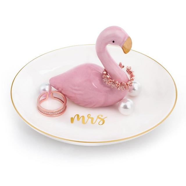 Edussy 1pc Flamingo Jewelry Dish - Ceramic Jewelry Trinket Tray for Earrings Necklaces Bracelet Watch Keys Ring Holder Dish with MRS Letters Bridal Shower, Engagement Gifts for Bride to be