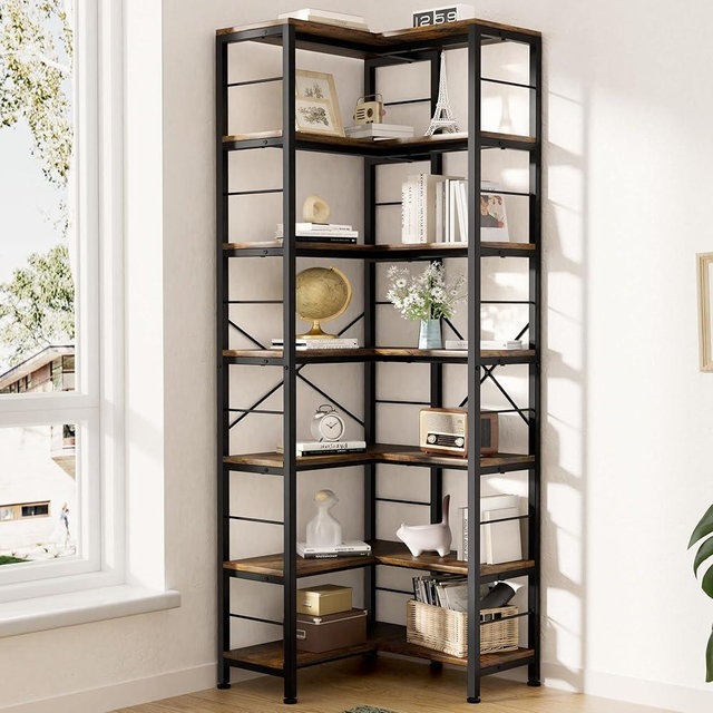 Gujiam 7-Tier Corner Bookshelf, 80" Tall Corner Bookcase,7-Shelf Industrial L-Shaped Coner Shelf with Metal Frame for Home Office,Living Room,Bed Room(Rustic Brown)