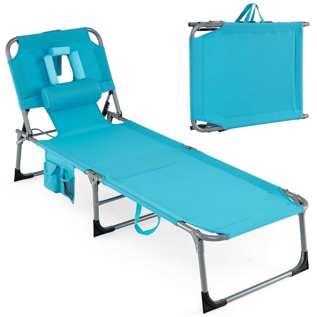 COSTWAY Tanning Chair with Face Hole, Folding Beach Lounge Chair with 4-Position Adjustable Backrest, Pillow & Side Pocket, Foldable Chaise Lounge Chair Outdoor for Sunbathing, Camping (1, Turquoise)