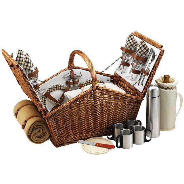 Picnic at Ascot Huntsman English-Style Willow Picnic Basket with Service for 4, Coffee Set and Blanket- Designed, Assembled Quality Approved in the USA