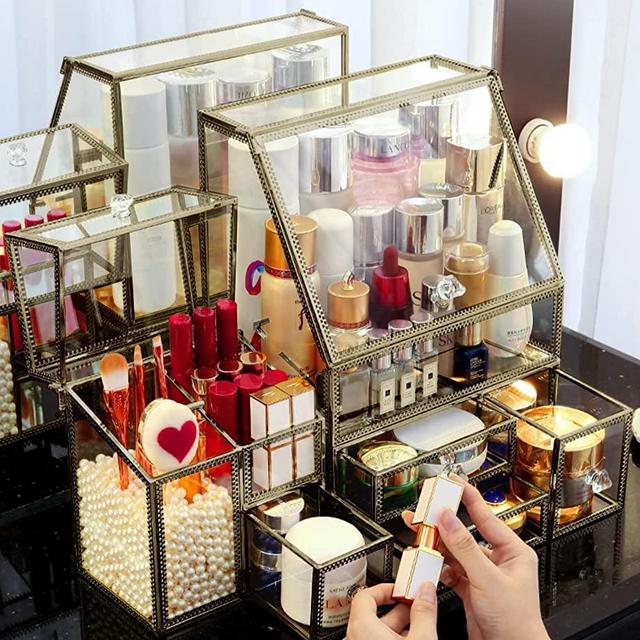 Glass Antique Brass Stackable Drawer Set Makeup Organizer for Vanity Antique Countertop Vanity Cosmetic Storage Box Mirror Glass Beauty Display