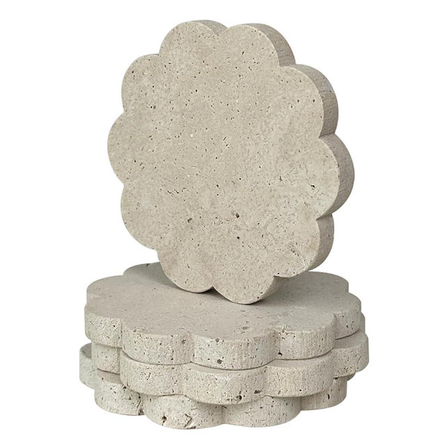 OAIQNUJ Scalloped Travertine Coasters Set of 4 Marble Stone Coaster for Coffee Table, Bar Coasters for Drinks (4" Diameter)