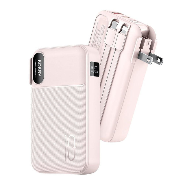RORRY Portable Charger Built in Cables, AC Wall Plug in Portable Charger Power Bank 10000mAh Travel Battery Pack 22.5W Fast Charging for iPhone 17/16/15 Samsung Galaxy S25/S24/S23 Pixel LG iPad, Pink