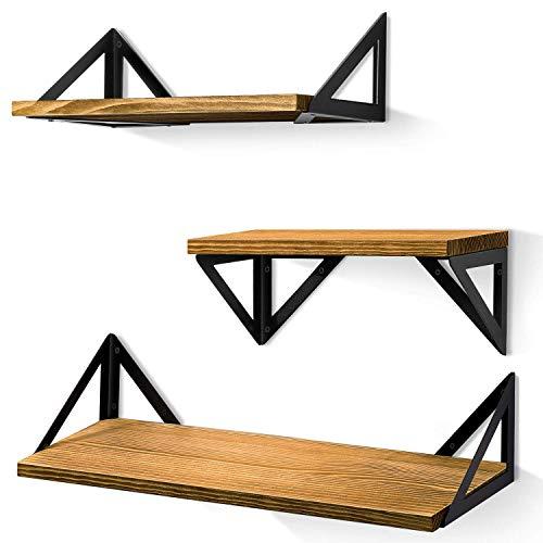 BAYKA Floating Shelves Wall Mounted, Rustic Wood Wall Shelves Set of 3 for Bedroom, Bathroom, Living Room, Kitchen (Toffee, Pine) …