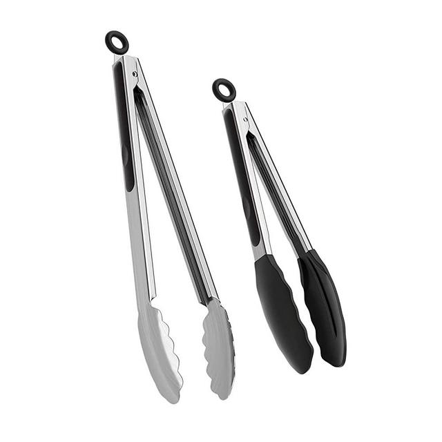 ChefAide 9/12 inches Cooking Tongs, 18/8 Stainless Steel with 600ºF High Heat-Resistant , Set of 2 Premium Silicone Rubber Grips Kitchen Locking Tong for Grill,Salad,BBQ,Frying,Baking,Serving (Black)