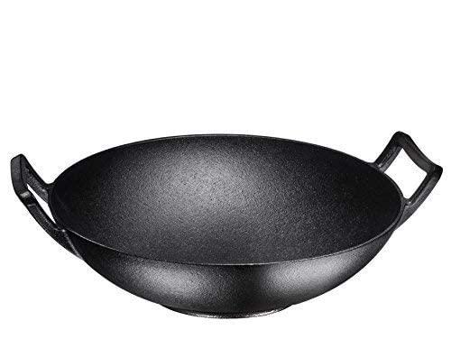 Bruntmor, Pre-Seasoned Cast Iron Wok, Black, 14-inch w/ Large Loop Handles Flat Base (14" Wok)