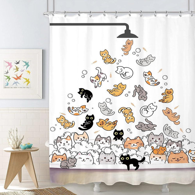 SVBright Cat Shower Curtain for Kids，Cute Shower Curtains，Funny Cat Lover Fabric Shower Curtain，Cartoon Animal Hilarious Water Bathroom Children 60Wx72L Inch Waterproof Polyester Bathtub 12 Pack Hooks