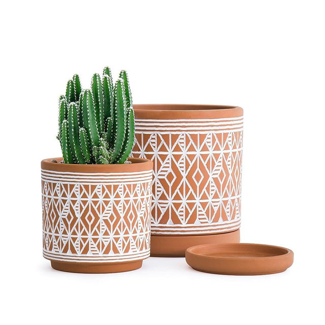 Set of 2 Terracotta Pots, Diamond Pattern Planter Pot, 4 Inch and 6 Inch, Pot with Drainage Hole and Saucer, Terracotta/White, 31-958-G-1