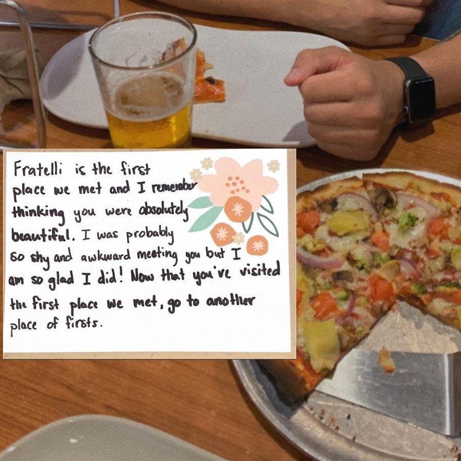 Our first stop on the day of our engagement -- Fratelli Pizza, where we met one worked together.