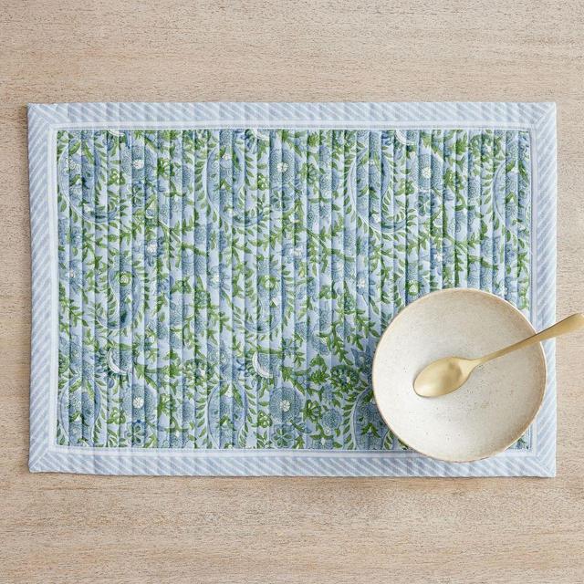 Keaton Paisley Block Print Quilted Cotton Placemat, Set of 4 - Cool