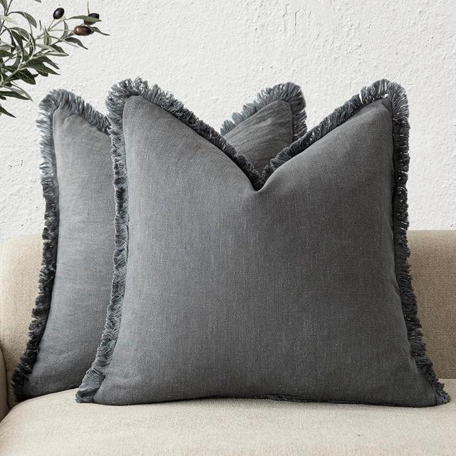 Foindtower Set of 2 Decorative Linen Fringe Throw Pillow Covers Cozy Boho Farmhouse Cushion Cover with Tassels Soft Accent Pillowcase for Couch Sofa Bed Living Room Home Decor, 16×16 Inch, Gray