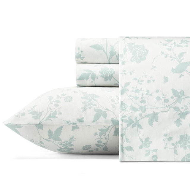Laura Ashley - King Sheets, Soft Sateen Cotton Bedding Set - Sleek, Smooth, & Breathable Home Decor (Garden Palace Blue, King)