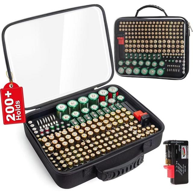 Battery Organizer Storage Case with Tester,Stores & Protects Up to 200+ Batteries, Clear Cover with Easy Carry Handle, Garage Gadget Organization Holds AA AAA C D 9V