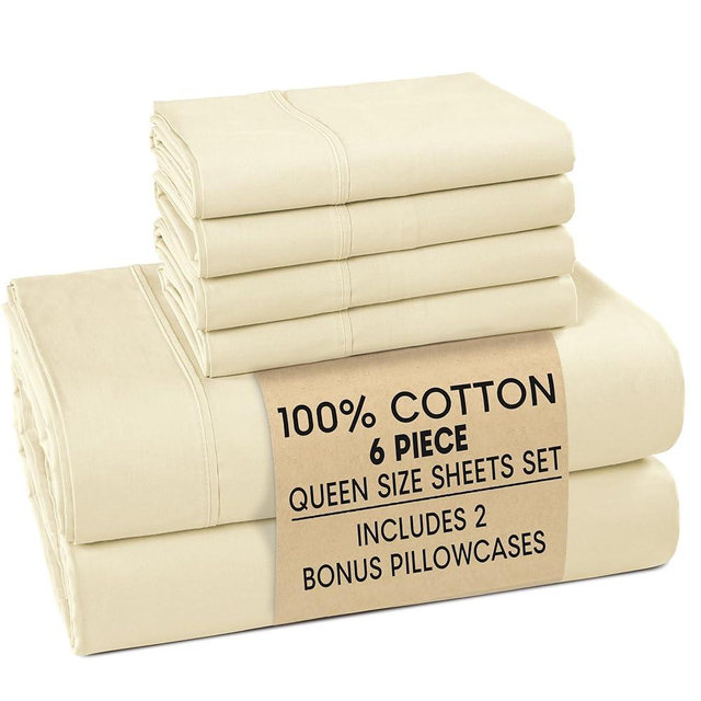 Casa Platino Queen Bed Sheets – Breathable 6 Piece Percale Cooling Queen Sheets with Crisp Feel, with 15 Inch Deep Pocket Fitted Sheet, Ultra Soft & Cozy Feel, Fit – Ivory