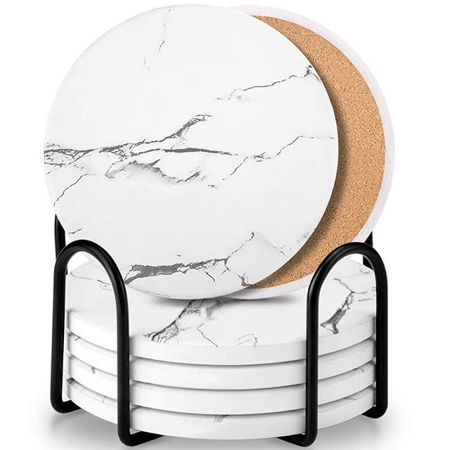 Coasters for Drinks, Absorbent Non-Slip Drink Coaster with Metal Holder Stand, Marble Ceramic Surface with Cork Base, Decorations for Living Room and Coffee Table Decor, Set of 6, White