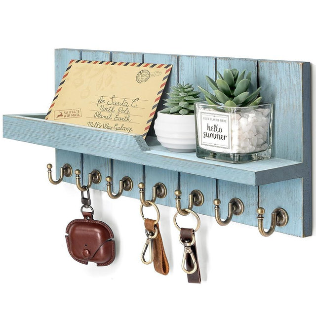Rebee Vision Decorative Key Holder Wall Mount - Modern Farmhouse Key and Mail Holder for Wall with Shelf and 7 Key Hooks for Mail Organizer - Mid Century Aesthetic Room Decor (Distressed Blue,15-inch)