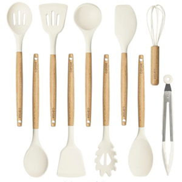 CAROTE Silicone Cooking Utensils Set, Kitchen Utensils Set 10 Pcs for cooking, BPA Free Spatula Set with Heat Resistant Wood Handles for Nonstick Cookware (Cream White)