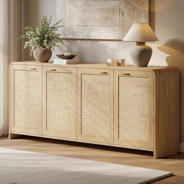Evermagin 67" Rattan Buffet Cabinet with Storage, Boho Sideboard Cabinet with 4 Doors, Large Credenza Sideboard Buffet for Living Room, Kitchen and Hallway, Natural Oak
