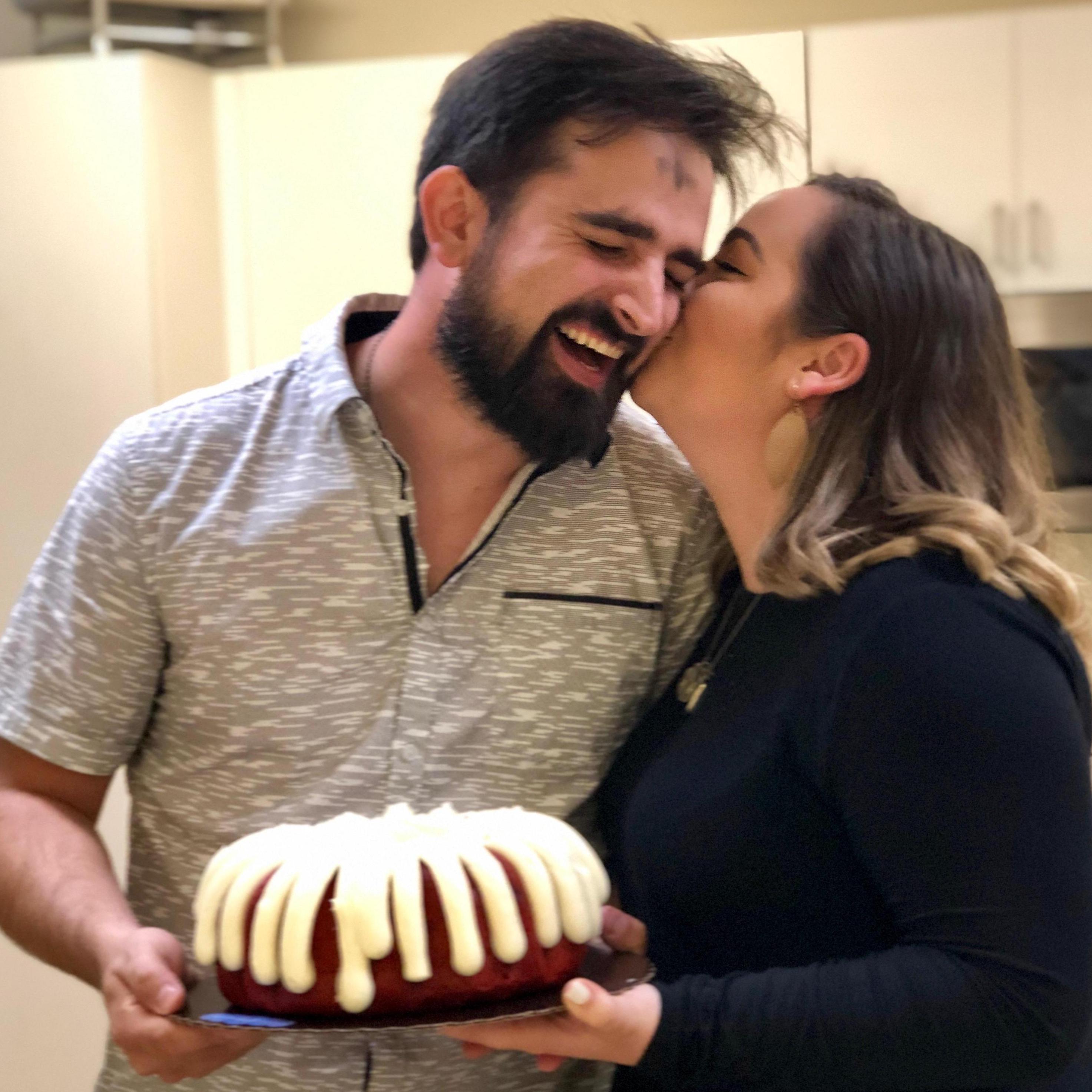 This was on John's birthday that happened to fall on Ash Wednesday... I surprised him at his job at Sacred Heart in Homestead with his favorite cake! (March 2019)