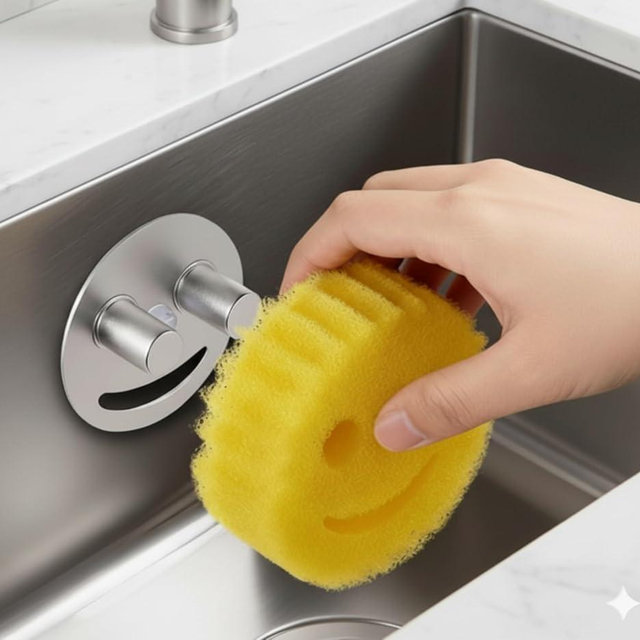Smiley face sponge holder, kitchen Sink Caddy Organizer with Suction cup,Made of rust-proof aluminum that never rusts for Mommy & Daddy Sponges silvery (1-Pack）