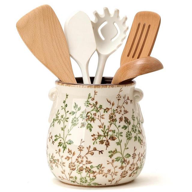Jemirry Utensil Holder for Kitchen Counter, Modern Farmhouse Rustic Cooking Utensil Holder and Crock, Exquisite Chinoiserie Floral Ceramic Utensil Organizer for Home Kitchen Decor- Green and Beige