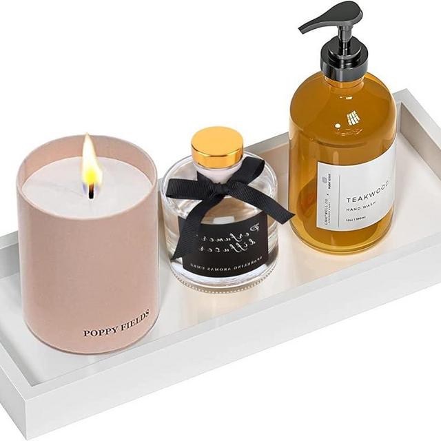 Wooden Bathroom Tray Storage - White Toilet Paper Wooden Organizer, Guest Towel Organizer Holder Tray Vanity for Home Decoration 11.3” L x 4.4” W 1.14” H